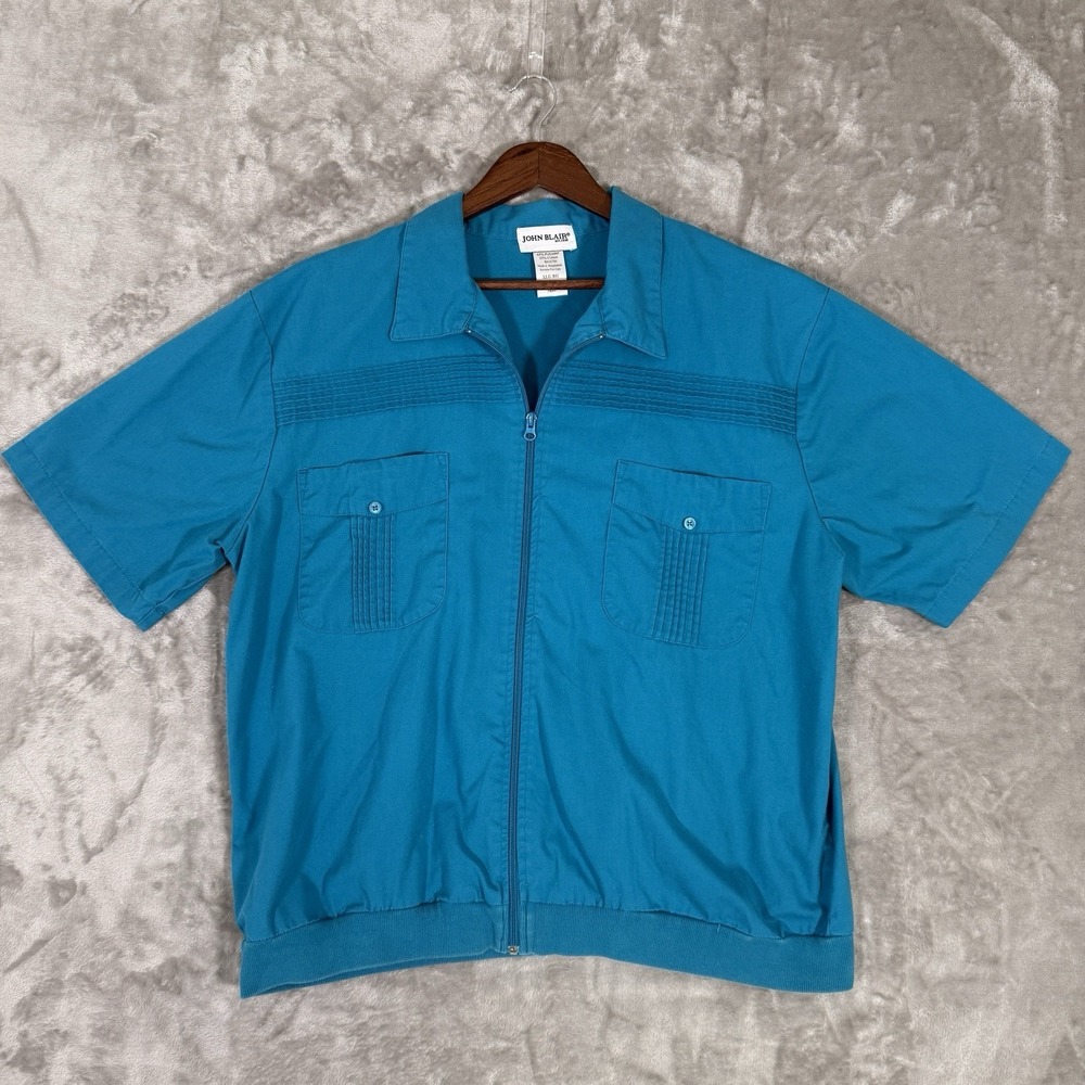 VTG John Blair Zip Up Shirt Men's Turquoise Blue Short Sleeve Front Pockets XL